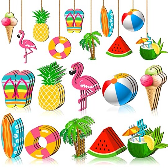 Summer Tree Ornaments Wood Hanging Decoration Beach Wooden Slices Christmas Winter Tree Ornaments with String for Luau Hawaiian Party Supplies(Cute Style, 30 Pieces)